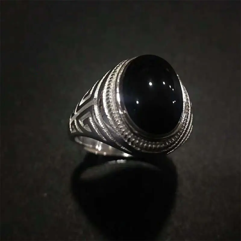 Designer unique creative men attending cocktail party opening adjustable ring new simple black agate silver jewelry