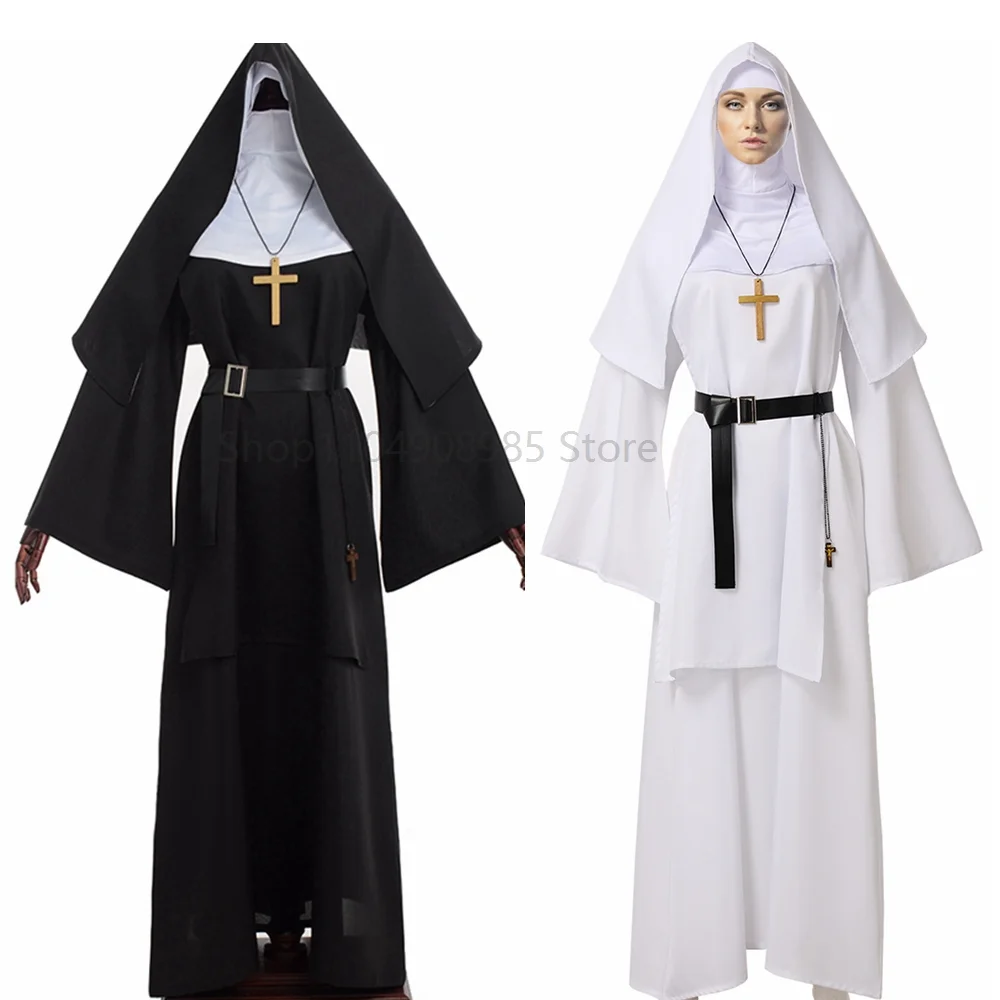 

Adult Women The Nun Halloween Cosplay Costume Black White Religious Robe Suit Cosplay Party Clothing 2025