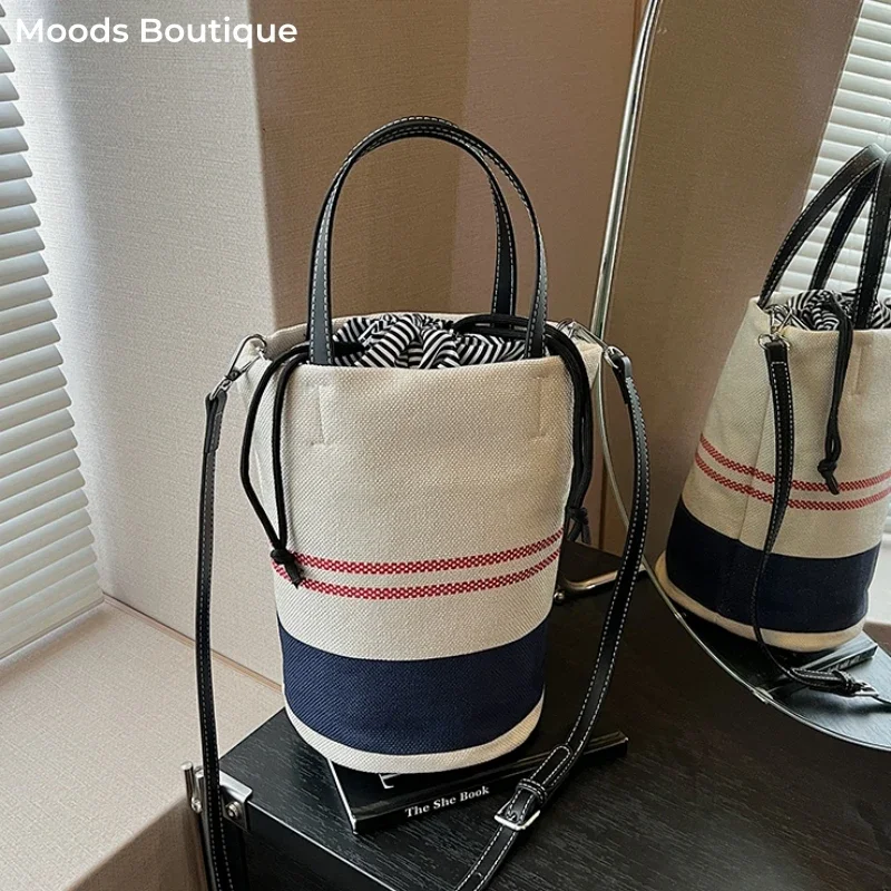

Canvas Fabric Drawstring Bucket Shoulder Bags For Women Contrast Color Large Capacity Crossbody Bag 2025 Summer Fashion Handbags