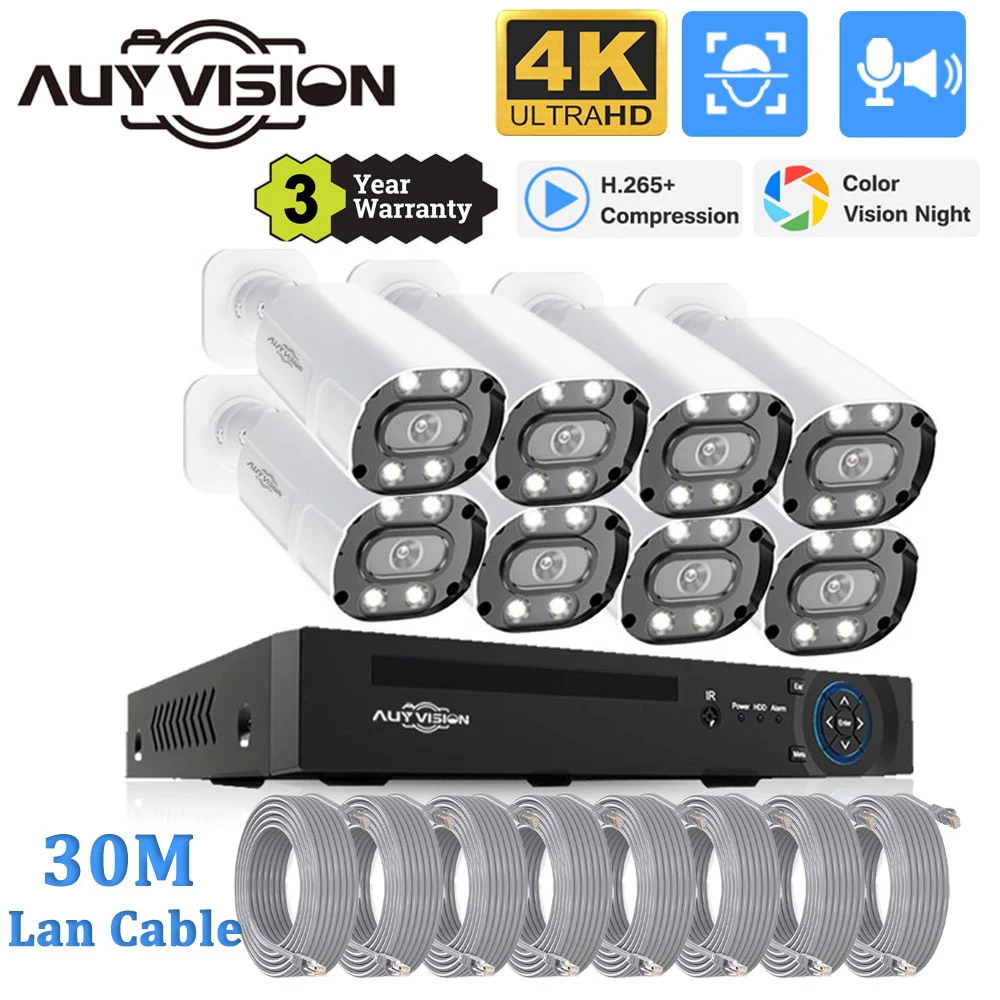 8MP 4K 8CH POE NVR Security Protection System Kit CCTV Two Way Audio AI Face Detect Outdoor Video Surveillance IP Camera Set