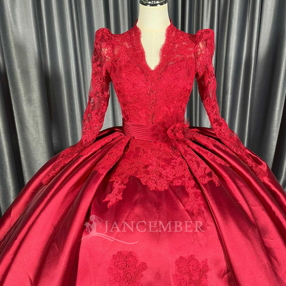 Customized Elegant Ball Gown Princess Wedding Dresses V-neck Long Sleeves Satin Made Bridal Gown Train فساتين حفلات