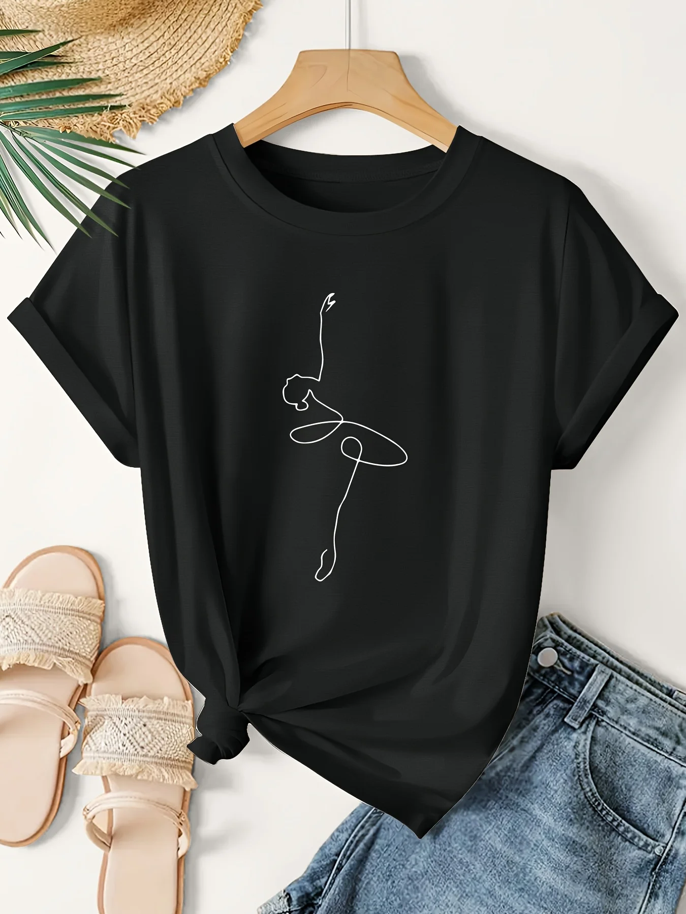 Female Ballet Dancer's Line Art Design Printed Men's and Women's Retro Fashion Harajuku Street Style T-shirt Summer Streetwear