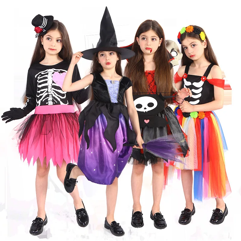 

Children Funny Skull Print Witch Cosplay Costume Halloween Black Long Sleeve Dress Sets Girl Holiday Party Stage Show Clothe