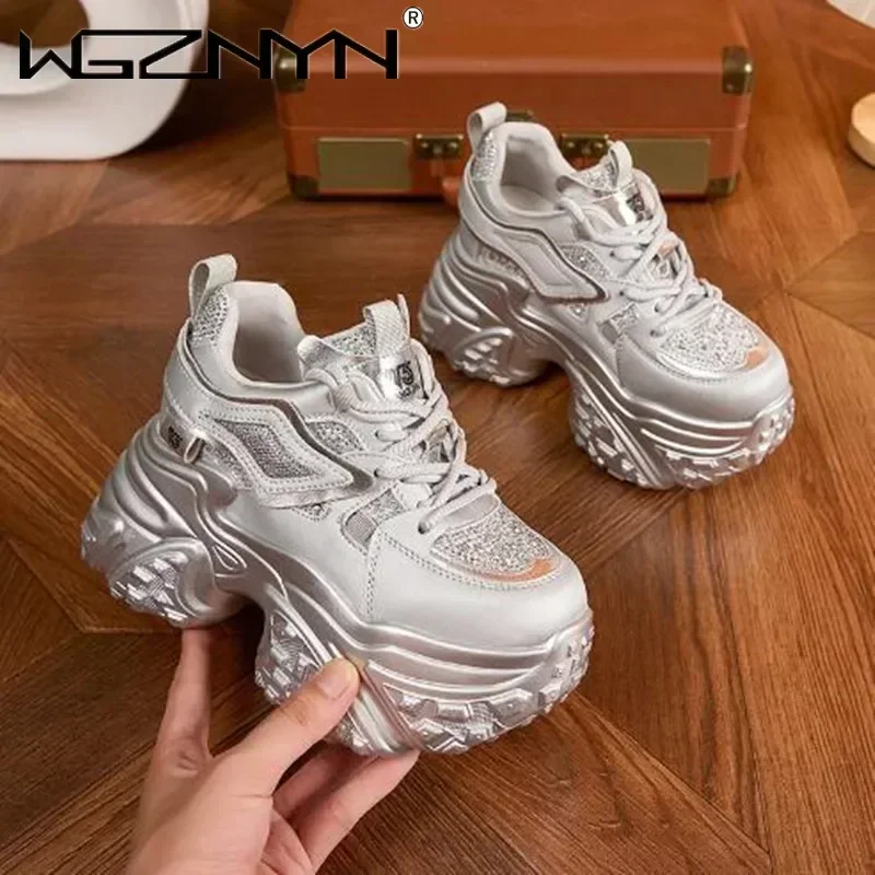 Spring Synthetic Genuine Leather 10cm Chunky Sneakers Women Comfortable Vulcanize Shoes NEW Bling Autumn Boots Mixed Color Shoes