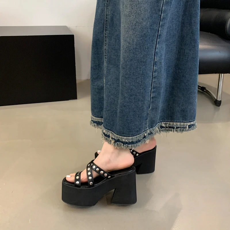 

11cm Chunky Heeled Slippers Black Platform Sandals Women High Heels Summer Rivet Ladies Shoes Punk Block Sandalias Mujer