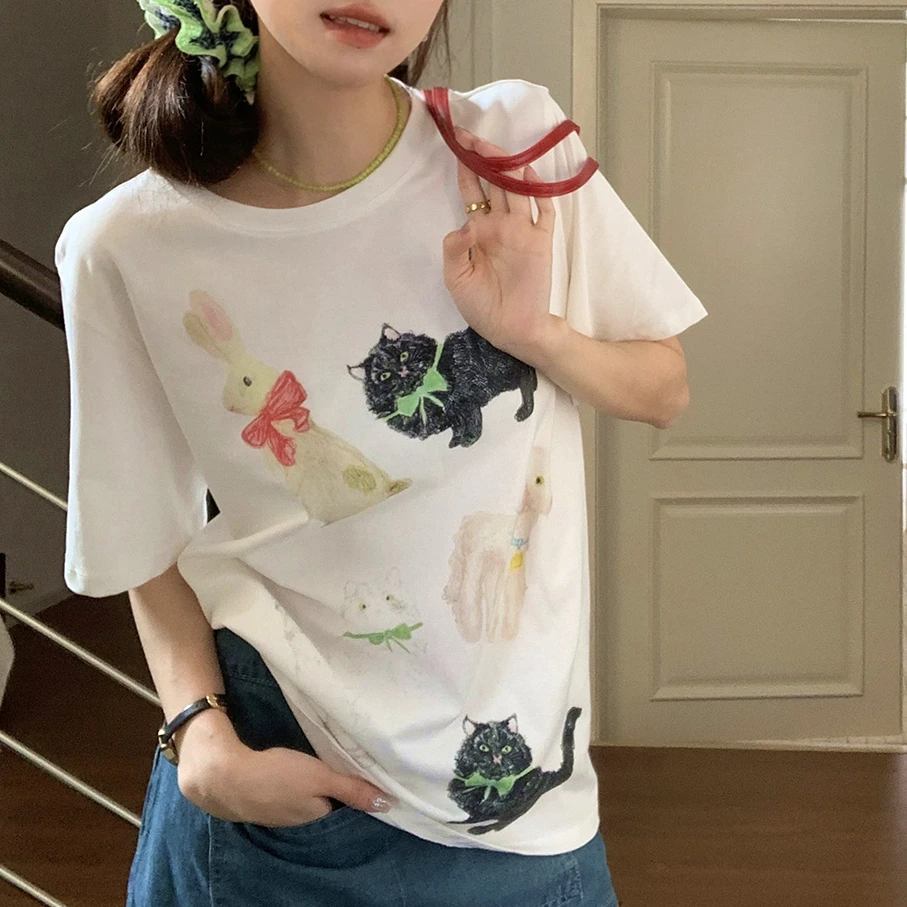 New High Street Vintage Animal Cats magliette stampate moda donna Creative Cotton Tees Summer Soft Loose Lovely Korean Y2K Tops