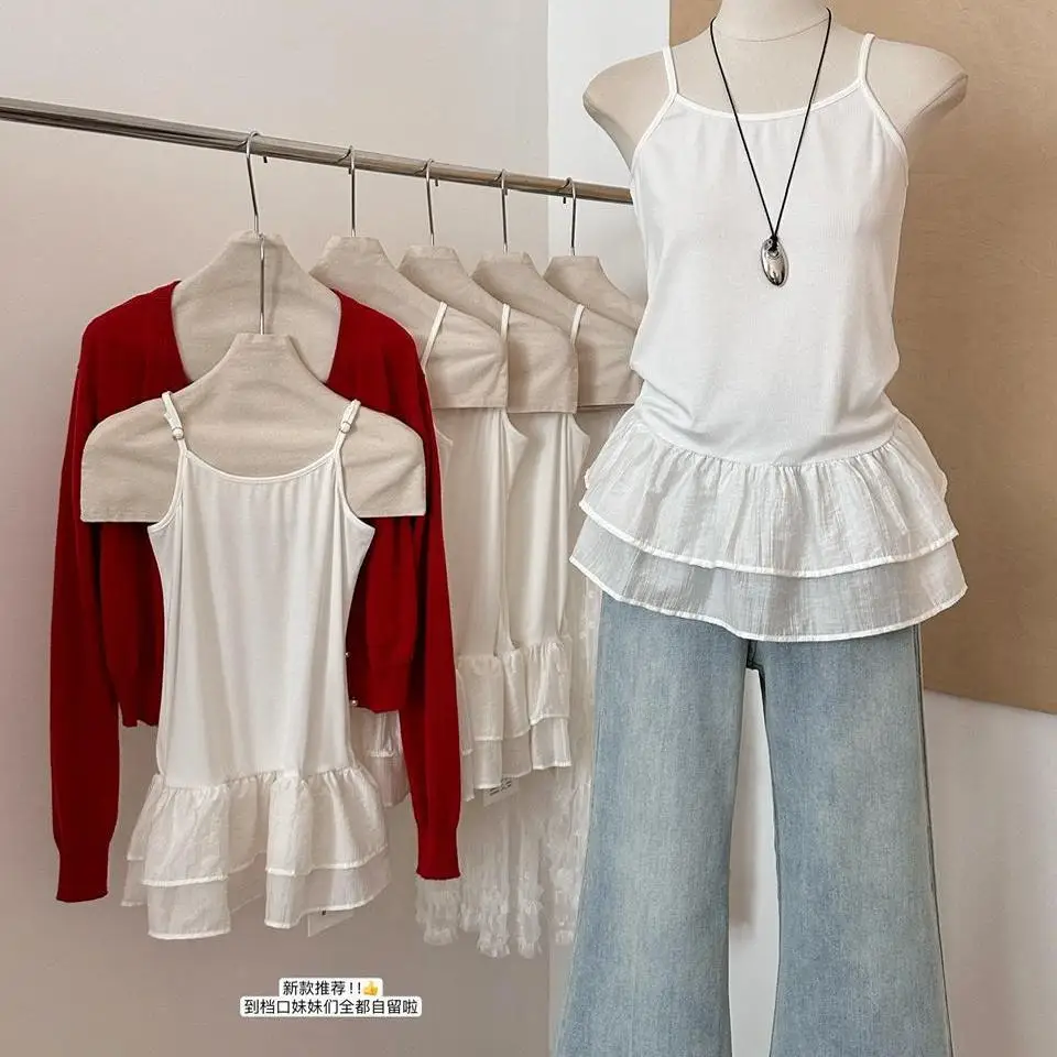 White Ballet Camisole Tops for Women with Ruffle Double-Layer Skirt Girls Sleeveless Tank Tops Splicing Slims Strapless Base Tee