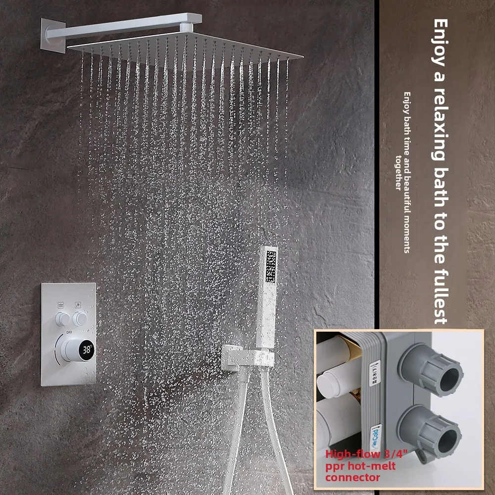 Thermal Fusion Recessed Shower System Wall Mounted Digital Display Hot Cold Ceiling Embedded White