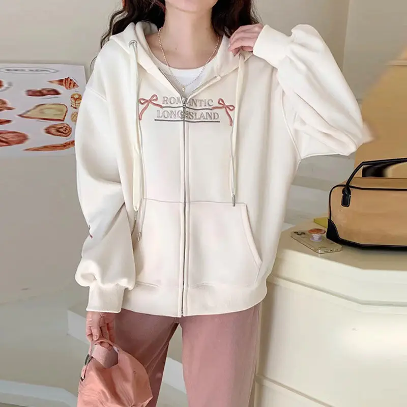 Korean Girl Sleeve Bow Design Sense Spring Loose Hooded Zipper Cardigan Sweater Lantern Sleeve Coat Embroidered Pink Bow Coat