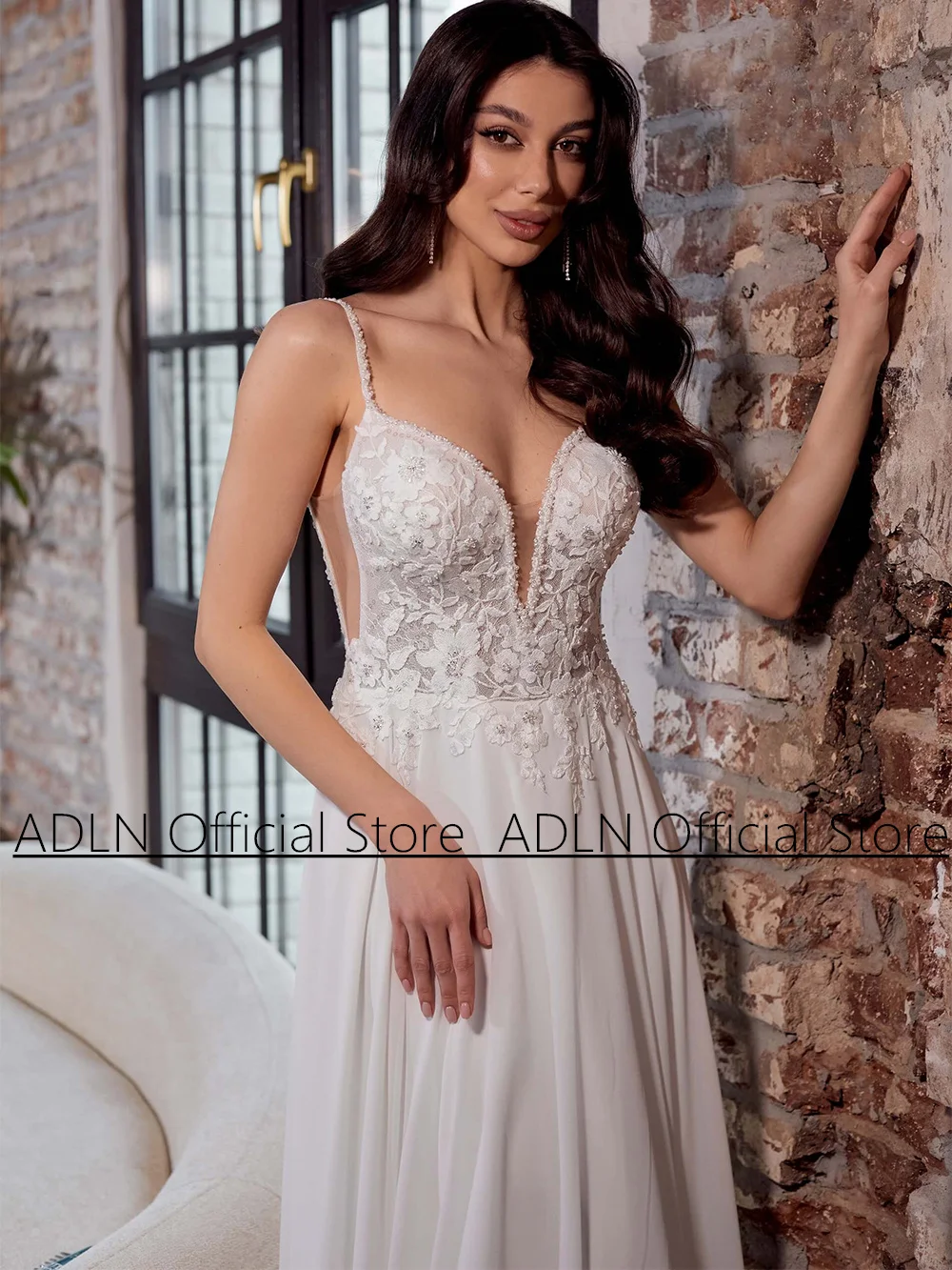 Sexy Boho Wedding Dress Bride Dresses for Woman Spaghetti Straps Deep V Neck Applique Chiffon A Line Bridal Gown Backless