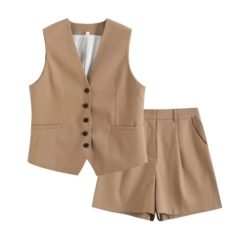 Summer Suit Female 2023 Casual Europe And The United States Loose Wide-Legged Shorts Grey Suit Waistcoat Two-Piece Set