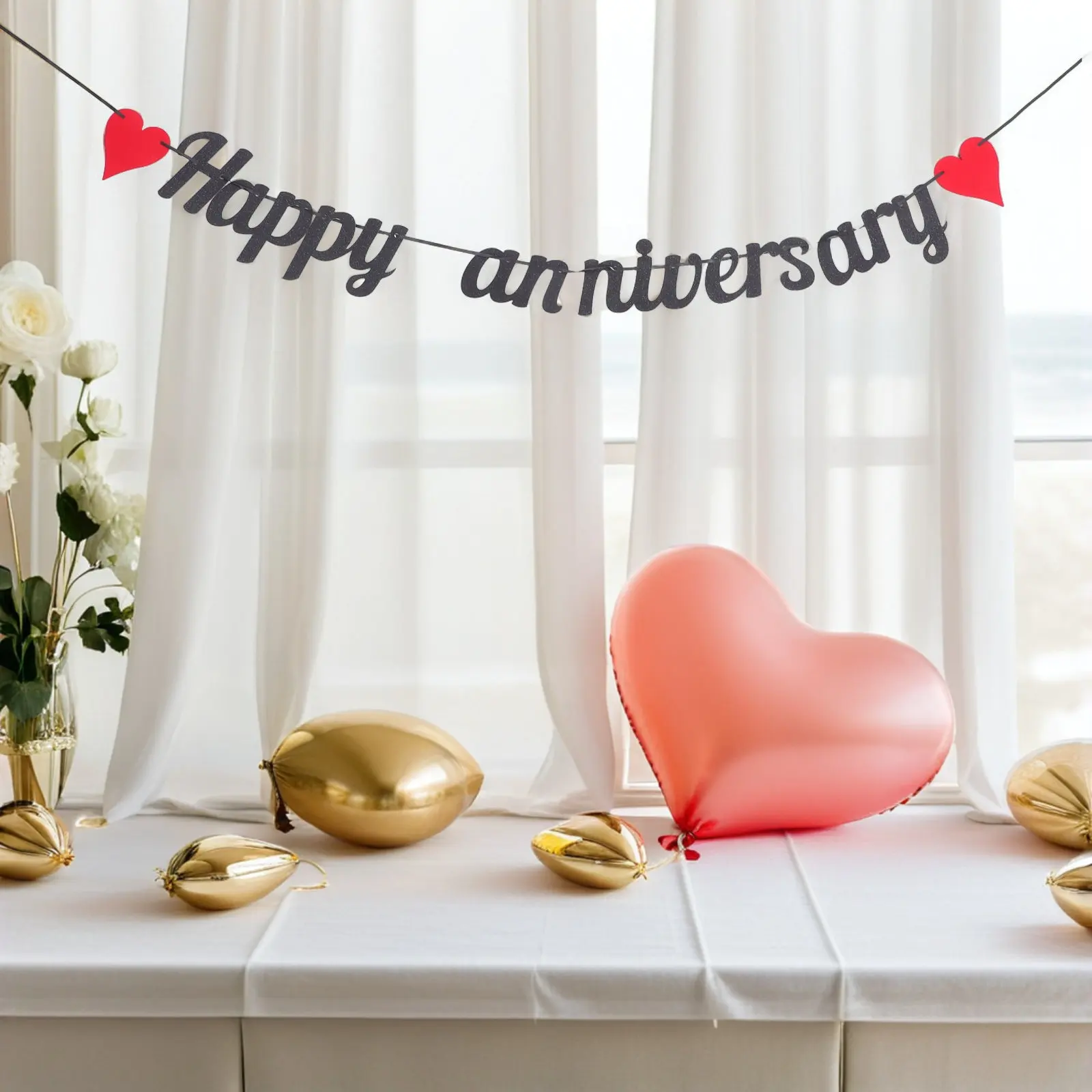 4Pcs Anniversary Banner Set Glitter Happy Anniversary Garland Heart Bunting Romantic Wedding Party Decorations Love Theme view 6