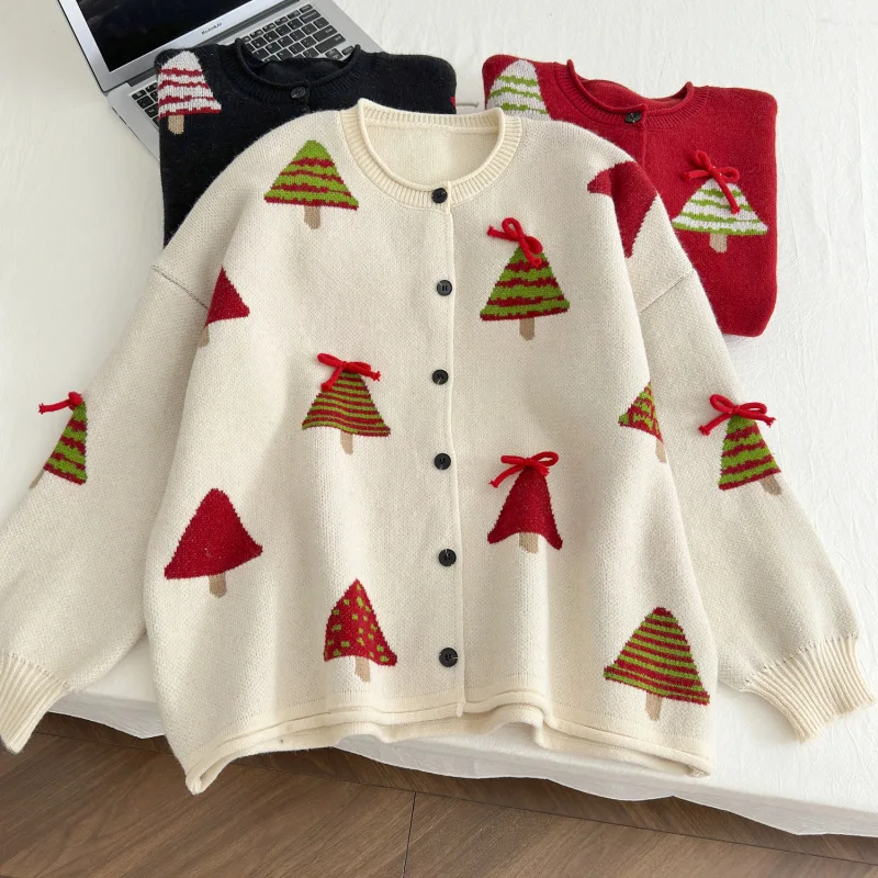 Cardigan lavorato a maglia jacquard albero di Natale per donna 2025 Inverno Nuovo stile pigro Cappotti monopetto Maglione a maniche lunghe con scollo a O
