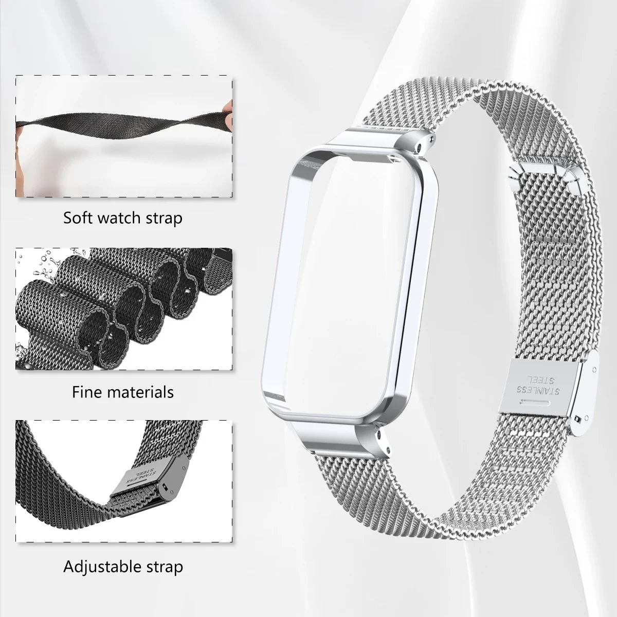 Tali jam tangan Xiaomi, tali Stainless Steel untuk Xiaomi Mi band 8 gelang jam tangan aktif gelang logam mewah untuk Mi Band 8 sabuk aktif