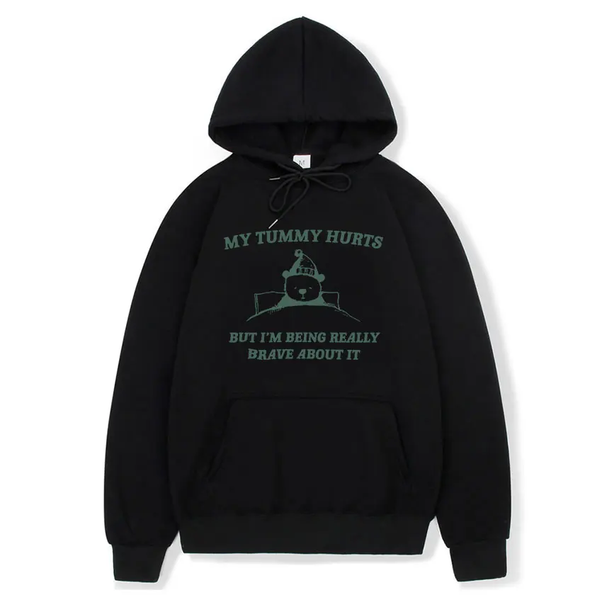 My Tummy Hurts But I\'m Being Really Brave about It Raccoon Meme Hoodie Funny Men Women Casual Fleece Pullover Oversized Hoodies