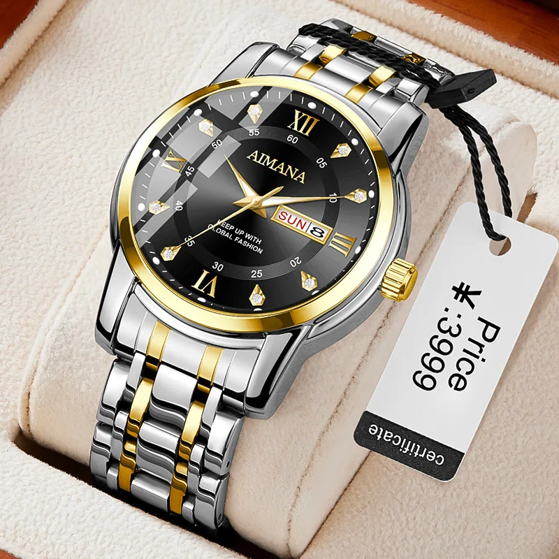 AIMANA 8615 Luxury Brand Roman Dial Men's Quartz Watch Dual Calendar Business Waterproof Stainless Steel Watches for Men Reloj