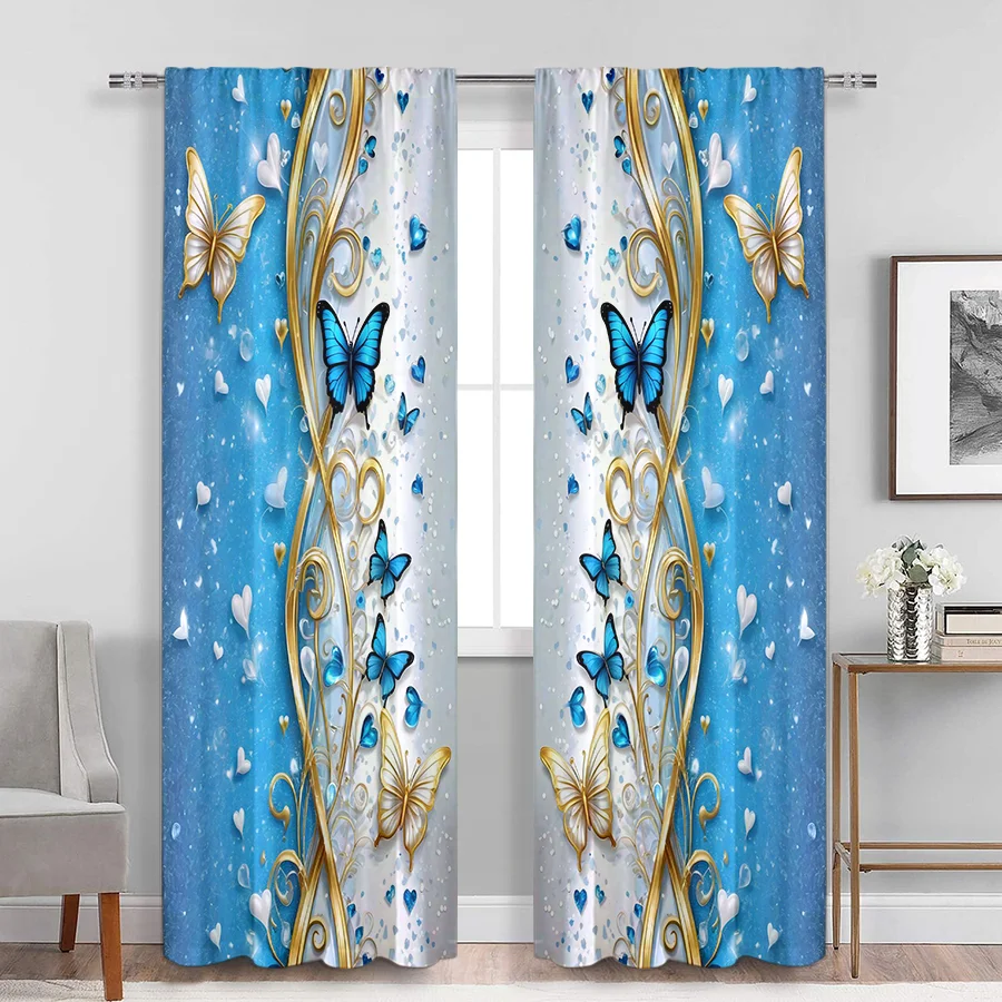 2PCS Blue Gold Butterfly Print Curtains, Heart Shape Sparkle Romantic Window Drapes for Girls Bedroom Living Room Decor