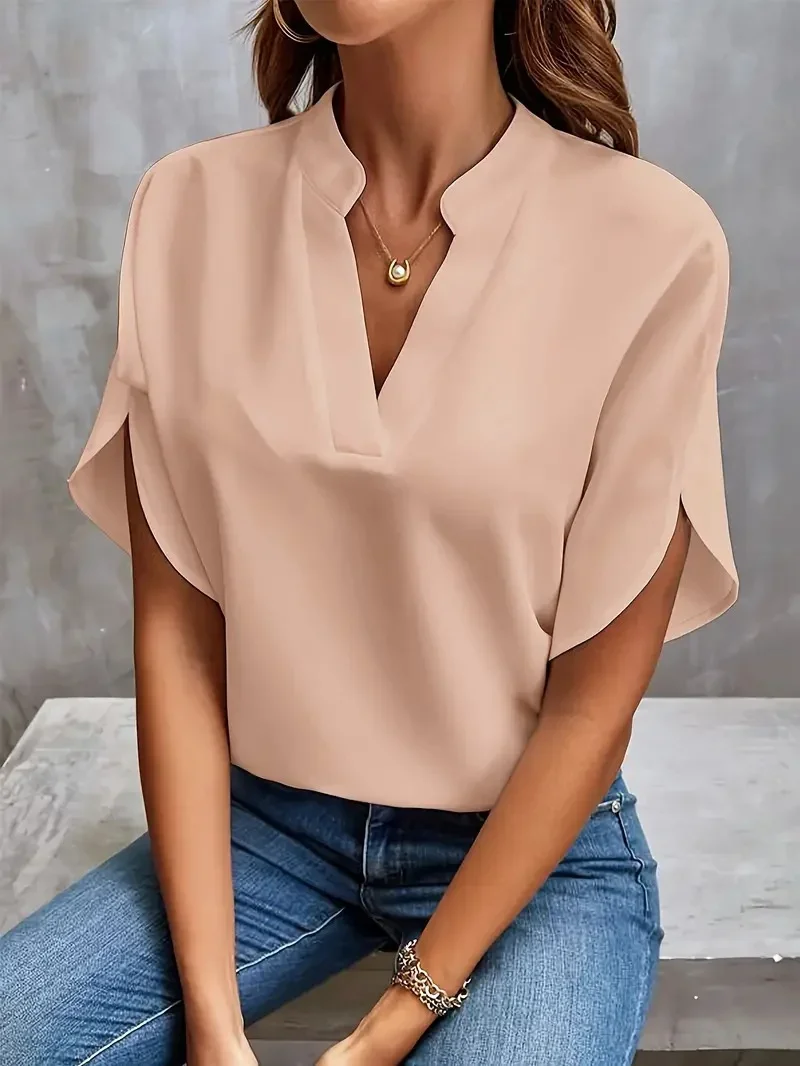 Women Solid Color V Neck Pullover Shirt 2024 Summer Casual Loose Flared Short Sleeve Blouse Elegant Female Office Commuter Tops