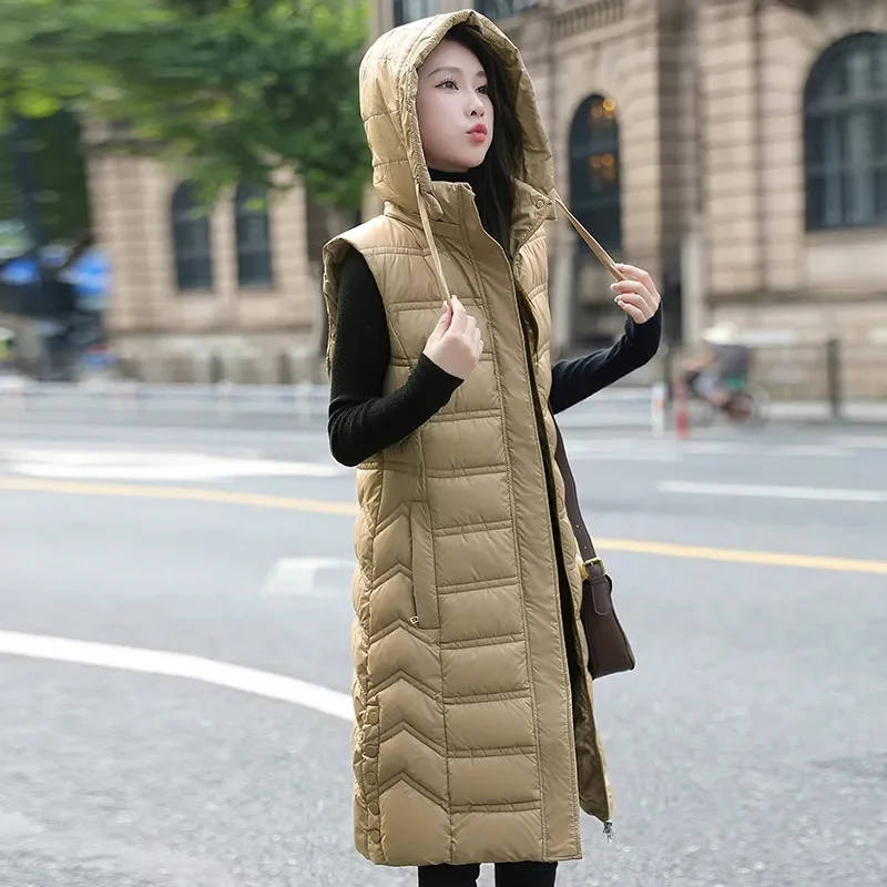 2024 Winter New Sleeveless Waistcoat Women Warm Puffer Jacket Ultra Light Mid Long Down Cotton Vests Female Outwear Casual Tops