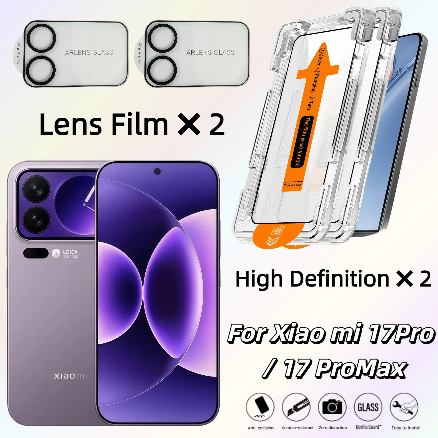 

【2+2】2-piece HD tempered glass screen protector + 2-piece rear camera lens protector compatible with Xiao mi 17 Pro/17 Pro Max.