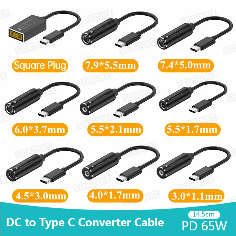 DC Female Input to USB Type-C Output PD65W Fast Charging Cable Adapter Converter 5V/9V/20V for Phone Laptop MacBook Lenovo HP