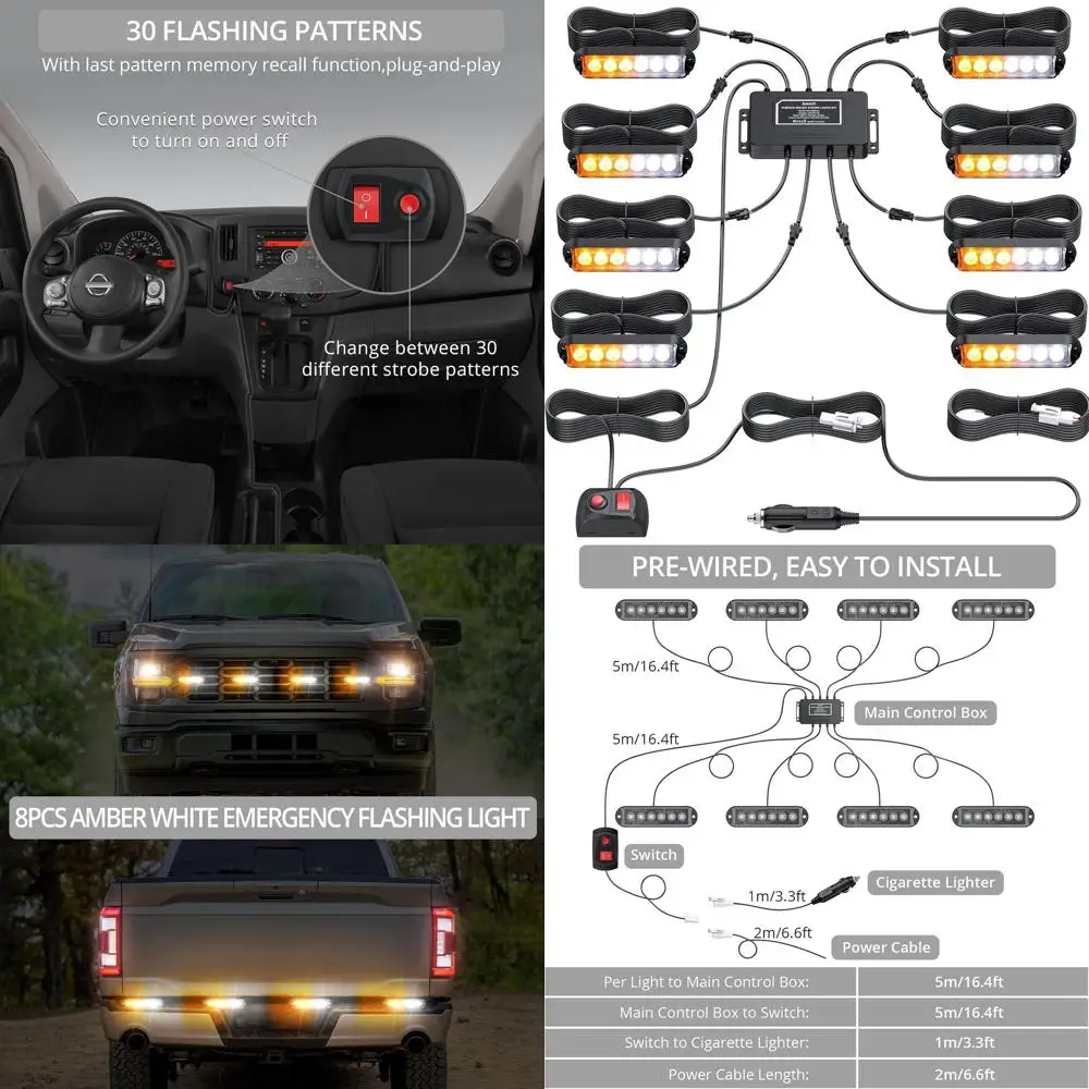 

6-LED Surface Mount Strobe Light Kit, 30 Flash Modes, Amber & White, Grill Grille Emergency Warning Lights, Waterproof for Vehic