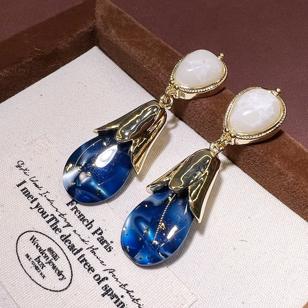 Medieval starry sky blue colorful water drop earrings vintage light luxury S925 medieval high-end earrings batch