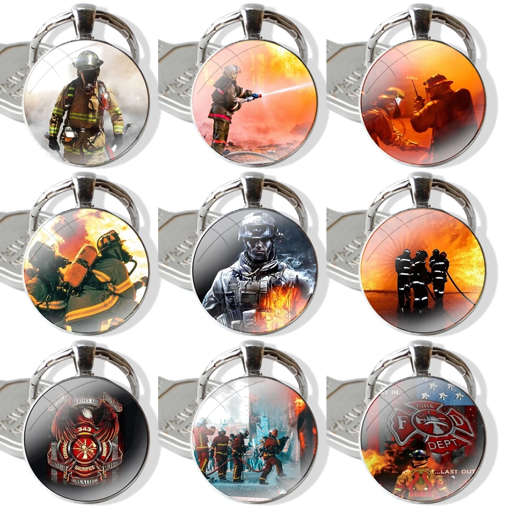 Firefighter Heroes Fireman Keychain Handmade Glass Cabochon Key Ring Holder Pendant Key Chains