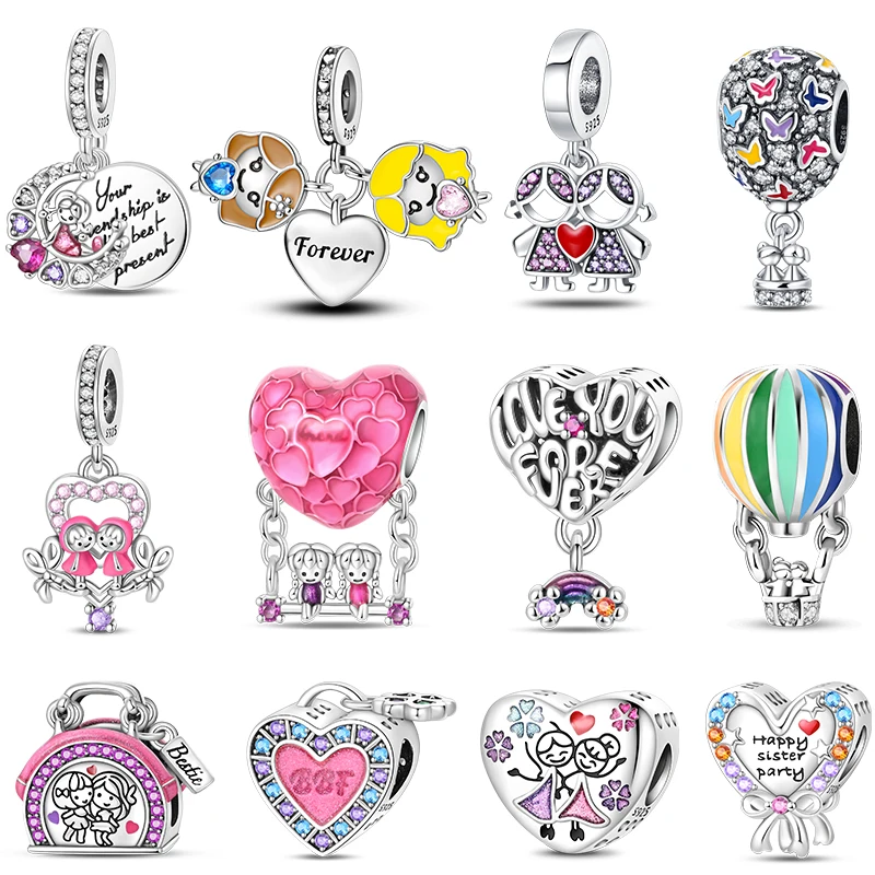 925 Sterling Silver Heart Hot Air Balloon Flowers Moon Sisters Emotional Charms Beads Fit Pandora Original Bracelets DIY Jewelry