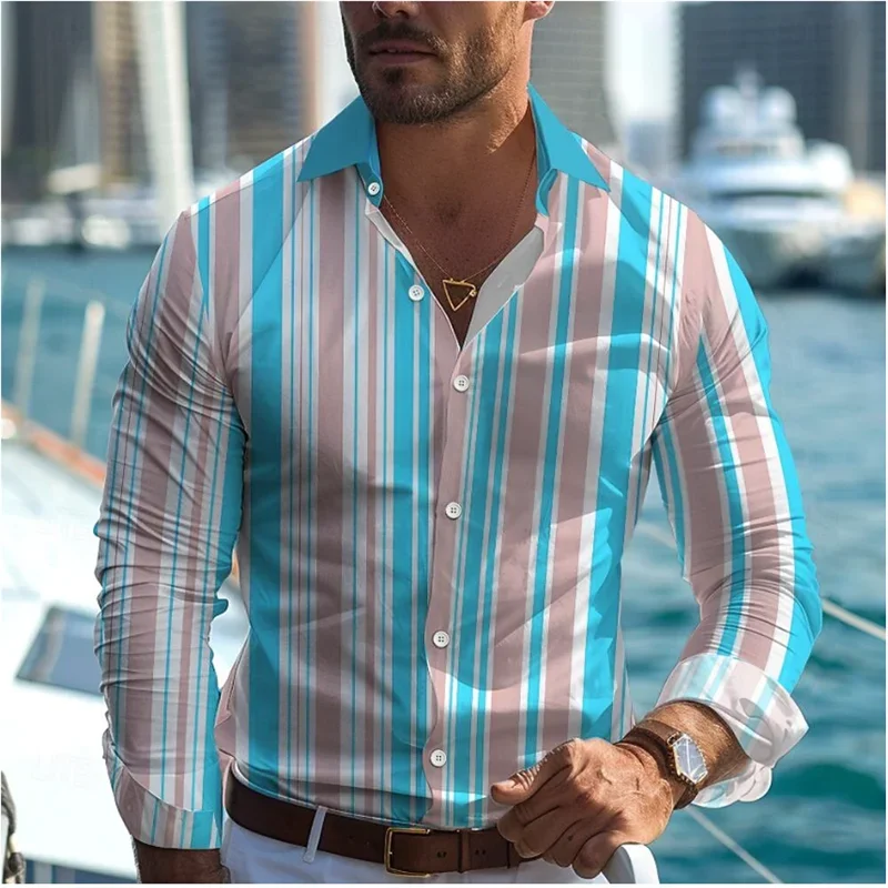 2025 Fashionable Casual Men's Line Printed Shirt Formal Spring Summer Lapel Long Sleeve 25 Colors XS-6XL Stretch Fabric Shirt