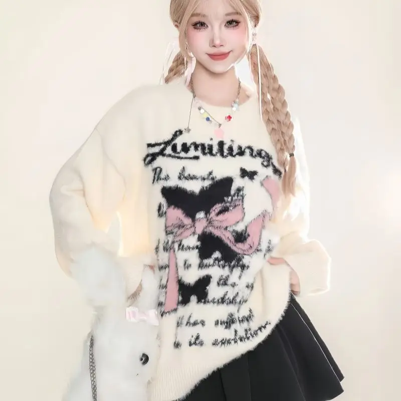 Korejepo Sweet Soft Waxy Bow Jacquard Sweater Women Autumn Winter Lazy Wind Sheep Down Pullover Thickened Knitting Tide