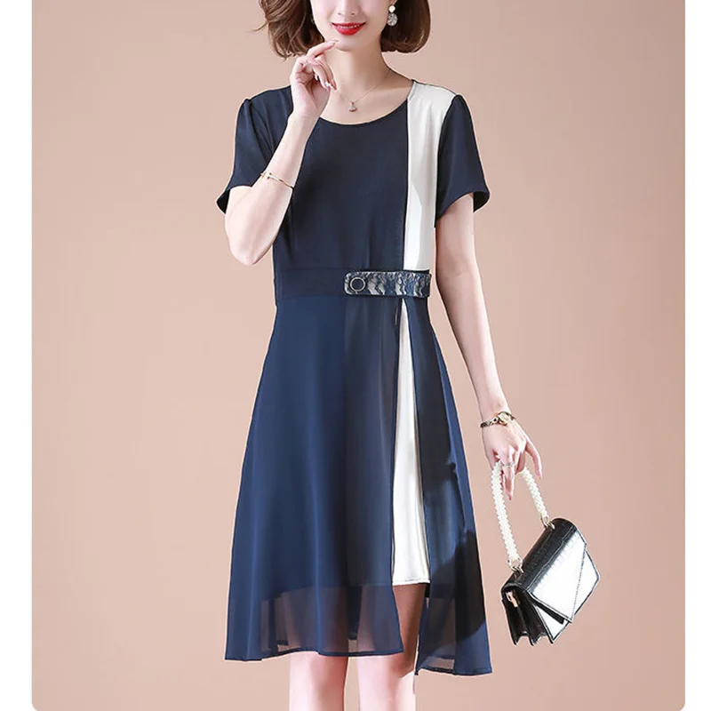 

Elegant O-Neck Spliced Loose Belt Asymmetrical Mini Dress Women's Clothing 2023 Summer New Oversized Office Lady Princess Dress