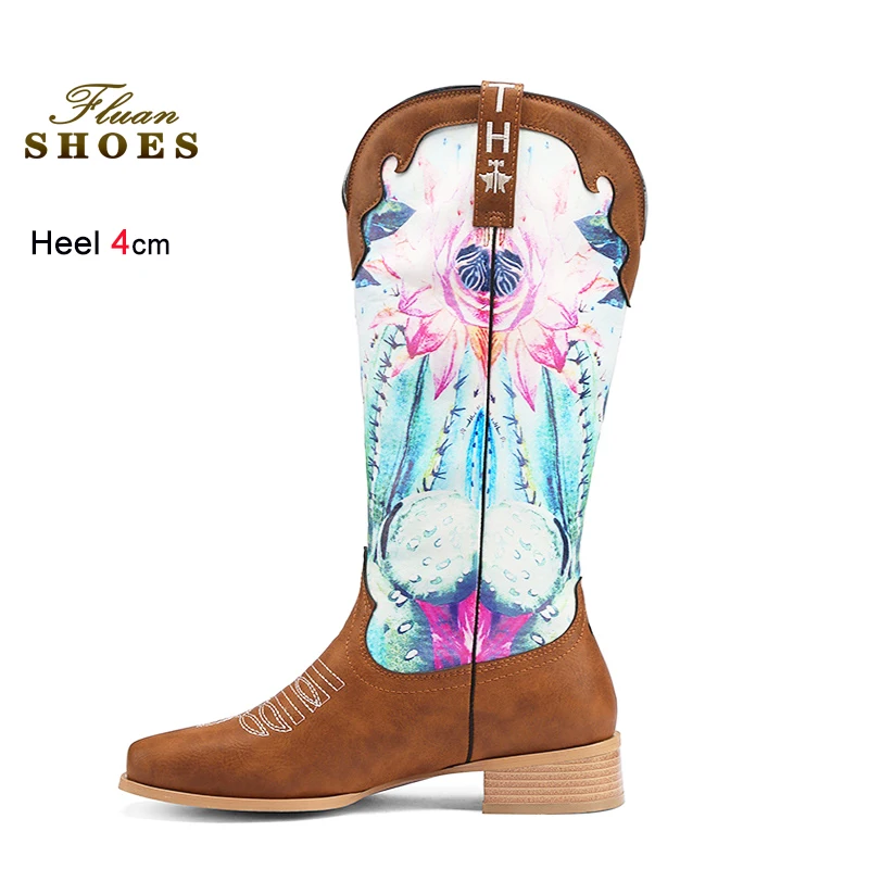 

New Women Brown Embroidery Boots PU Leather Fashion Printed Western Cowboy Boots 4CM Block Heel High Tube Casual Autumn Shoes