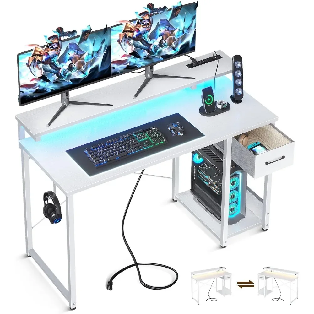 

Gaming Desk with LED Lights & Power Outlet with Drawer, with Adjustable Monitor Shelf & Headphone Hook, 48 Inch Computer Desk