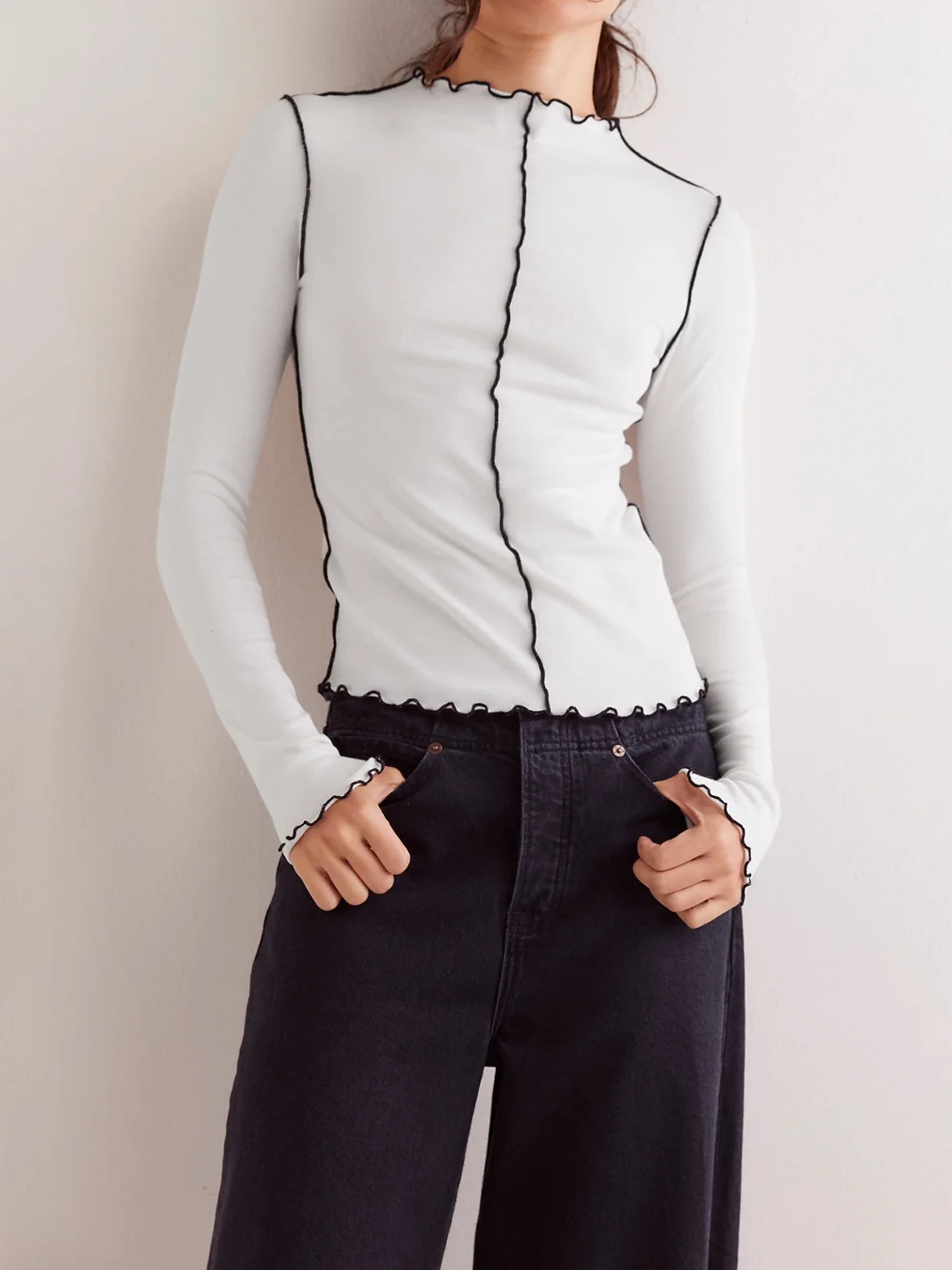 2026 New Color-Block Rolled-Edge Half-High Neck Long-Sleeve T-Shirt, Trendy Slim Fit Versatile Base Shirt