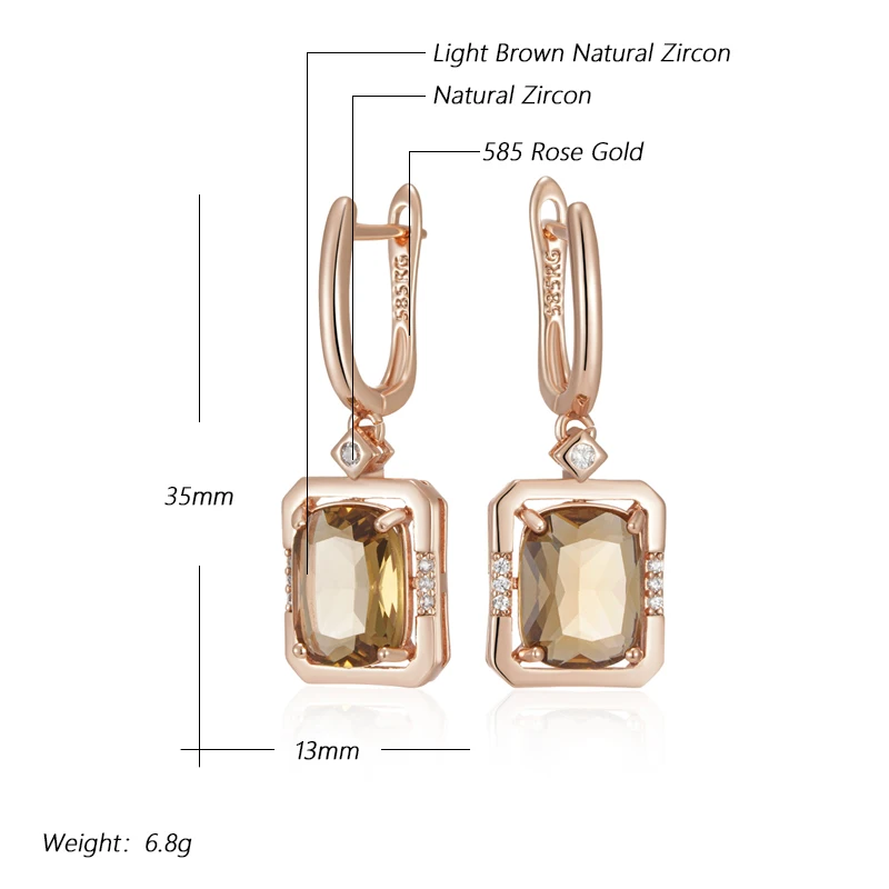 Kinel Hot Light Brown Natural Zircon Drop Earrings for Women Fashion Square 585 Rose Gold Color High Quality Daily Fine Jewelry