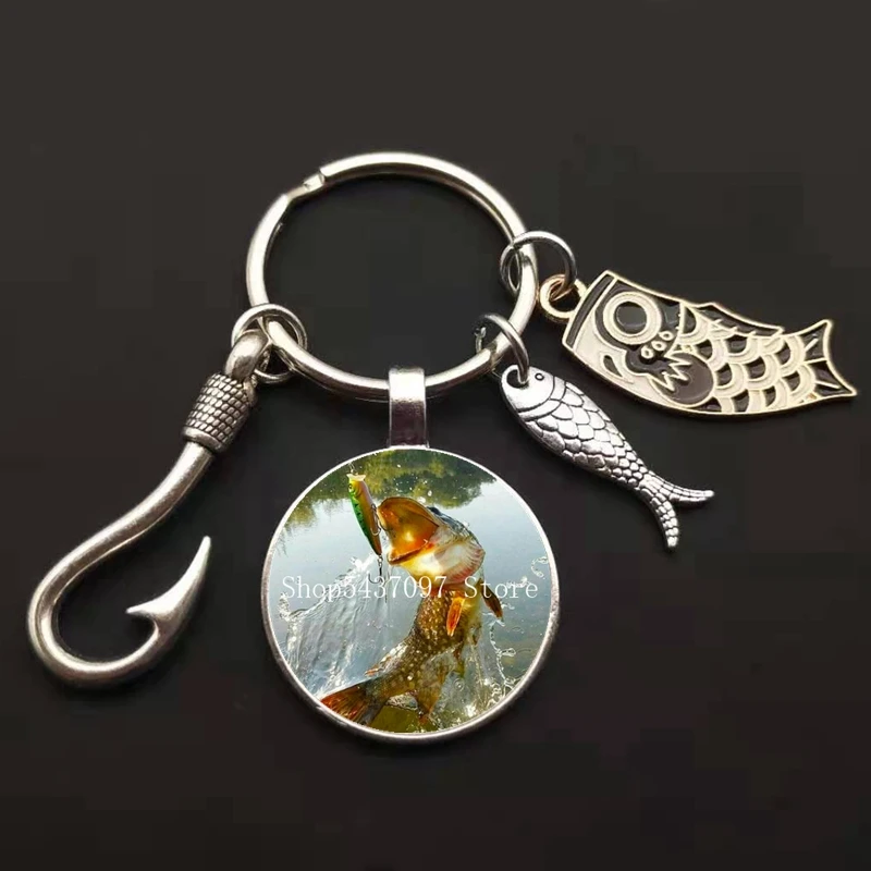Fashion Fishing Master Keychain Fish Hook Keychain Glass Dome Keychain Fisherman I Love Fishing Fish Pendant Key