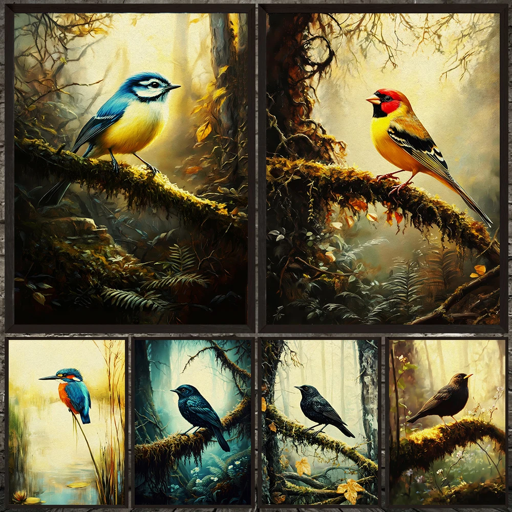 

Blue Tit And Blackbird On Branch Cottagecore Art Poster Print,Whimsical Woodland Bird Wall Art Vintage Canvas Painting Decor