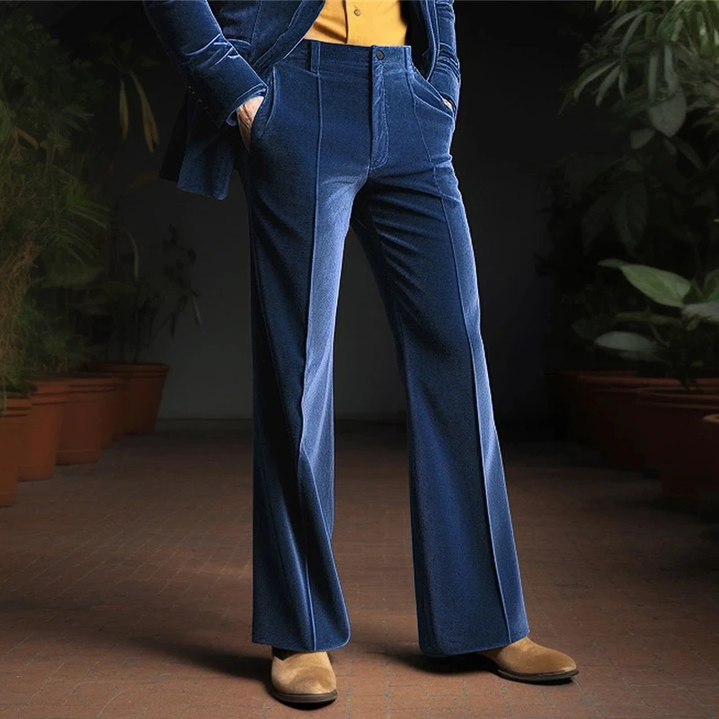 

Casual Slim Fit Mens Velvet Trousers 2025 Spring Fall Fashion Solid Color Wide Leg Flared Pants Men Vintage Mid Waist Trousers
