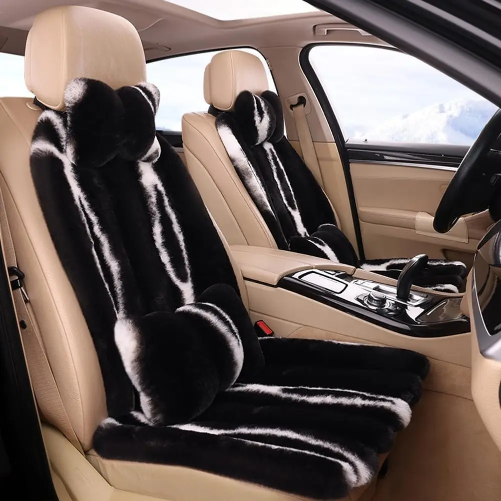 Car, Home & Office Seat Covers, Faux Sheepskin, Black, Fluffy & Cute, Full Set