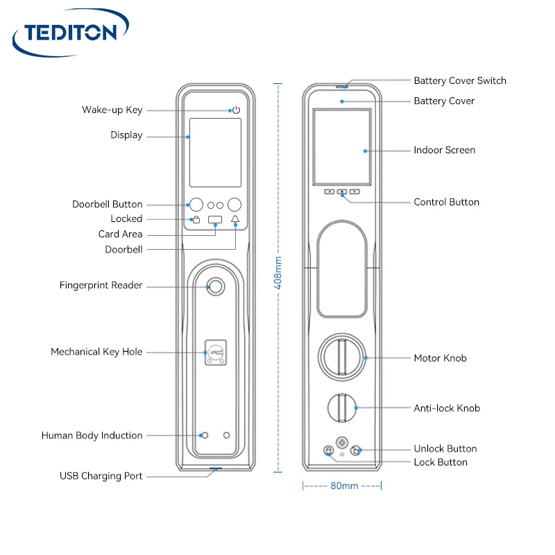 Tediton Electronic Tuya APP Camera 3D ekran rozpoznawania twarzy odcisk palca inteligentna blokada kamery drzwiowej