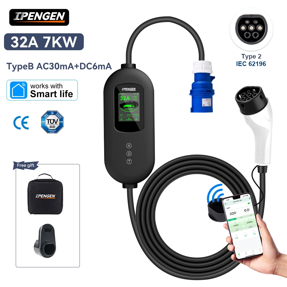

IPENGEN Type2 Portable TUV EV Charger 7KW 32A 1Phase Wallbox TypeB Protection EVSE Fast Charging Cable CEE Plug WIFI APP Control