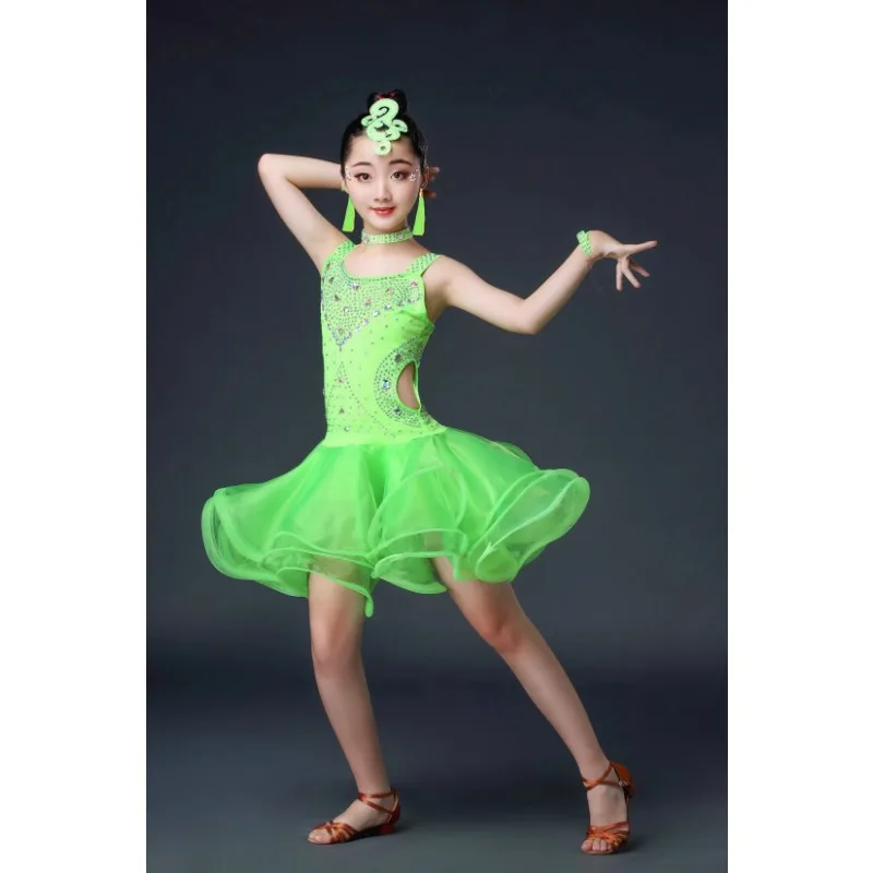 Summer Latin Dance Girls Competition Graded Children's Radiant Diamond One Piece Fluffy sheer skirt