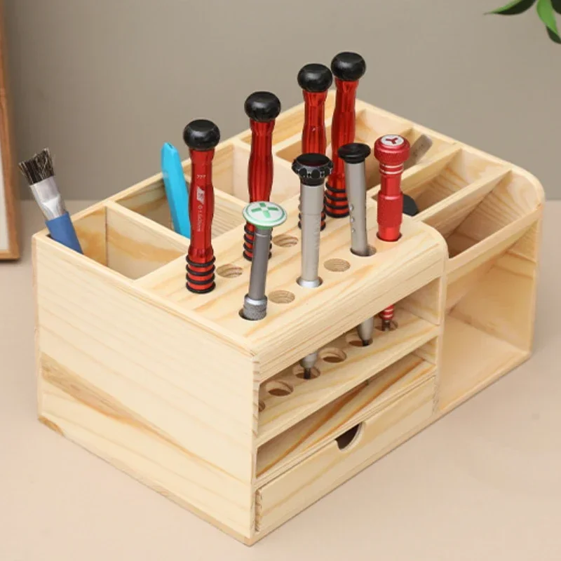 

Tool Holder Wooden for Tweezers Screwdrivers Rulers Compartment Storage Shelf Smartphone Remote Control