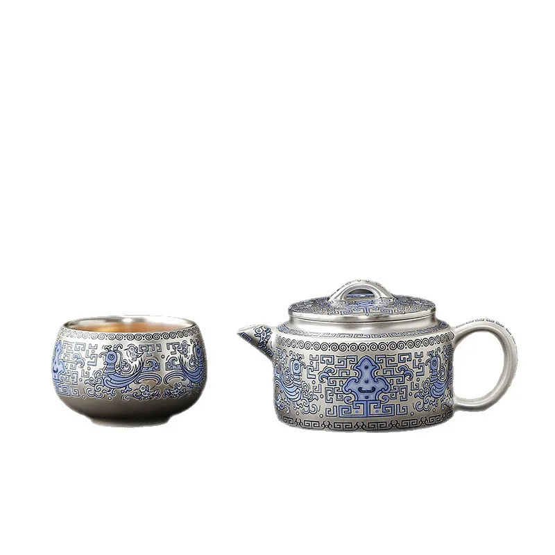 lver Fish Algae Pattern Premium Teapot One Pot Two Cups Kung Fu Tea Set Teacup Set Business Souvenir