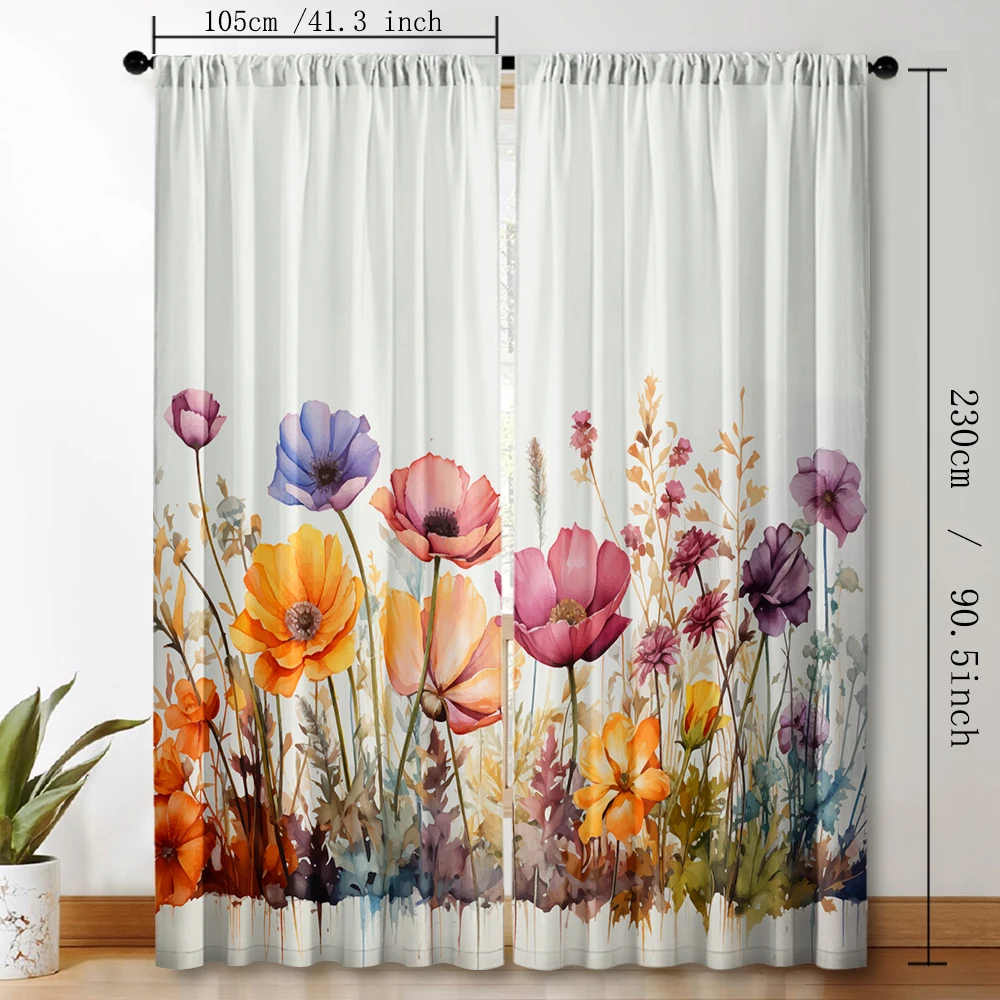 2PC Home Decoration Curtains With Floral Background And Rod Pocket Curtains, Kitchen,Coffee Shop, Living Room, Balcony, Garden
