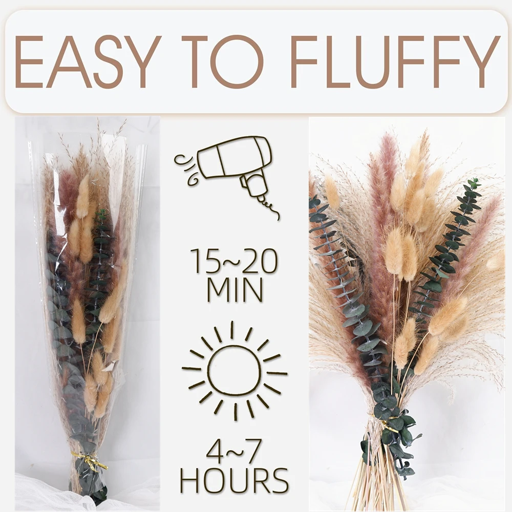 باقة زهور مجففة وباقة عشب بامباس مكونة من 60 قطعة - ديكور منزلي بوهو طبيعي لعيد الميلاد وعيد الشكر والهالوين