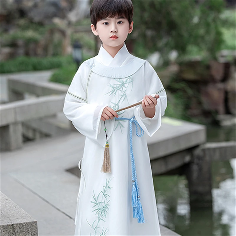 Classical Chinese Style Clothing Bamboo Leaf Embroidery Costume Retro Elegant Long Gown Festival Performance Attire for Boys