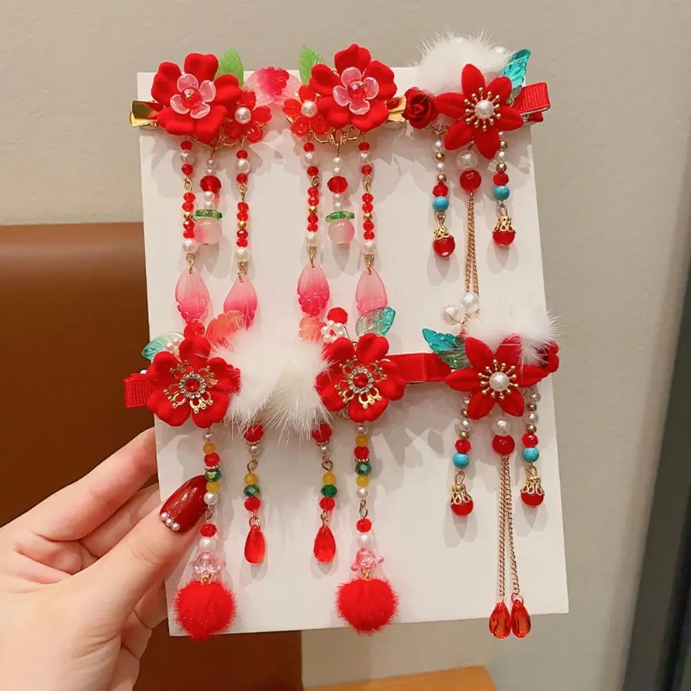 All-match Tassel Children Red Hairpin Bow Plush Chinese New Year Headwear Flower Cloth Ancient Style Hairpin Baby