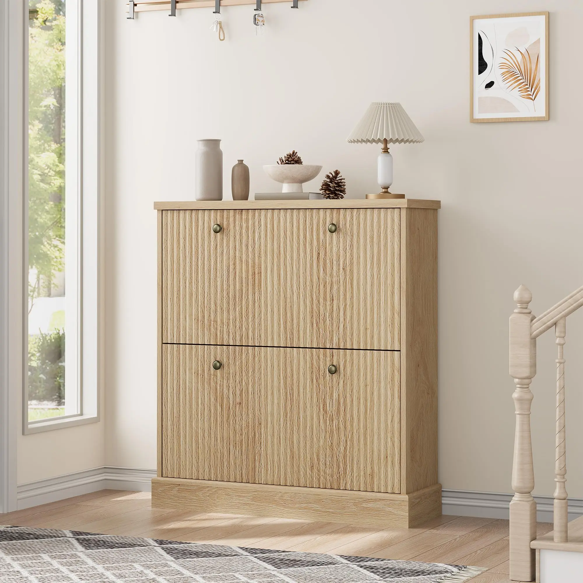 Schoenenkast met 2 draaibare laden, smalle schoenenorganizer voor de entree, verstelbare, uitneembare planken voor gang en hal